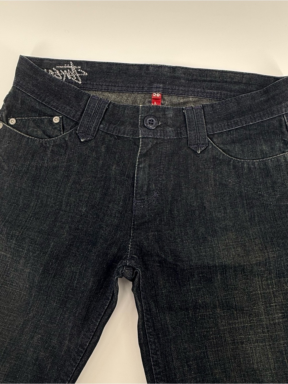 Vintage Stussy Denim Sample Jorts 28 fit 32 Graffiti Pocket SS Embroid Dark Wash
